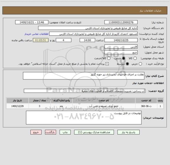 استعلام نظارت بر اجرای طرحهای آبخیزداری زیر حوزه گزیوز