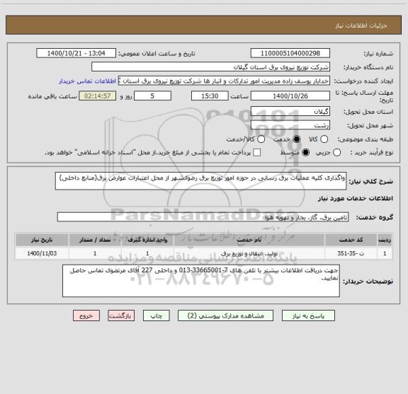 استعلام واگذاری کلیه عملیات برق رسانی در حوزه امور توزیع برق رضوانشهر از محل اعتبارات عوارض برق(منابع داخلی)