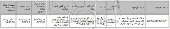 مناقصه عمومی یک مرحله ای تکمیل کانون فرهنگی تربیتی دانش آموزان چرام