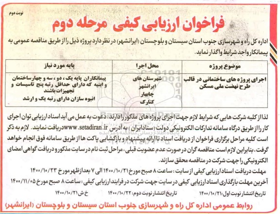 فراخوان ارزیابی کیفی اجرای پروژه های ساختمانی در قالب طرح نهضت ملی مسکن مرحله دوم نوبت دوم 