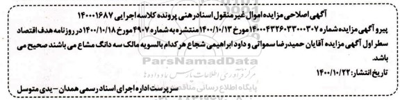 اصلاحیه مزایده سه دانگ یکباب خانه پلاک 59385 فرعی 