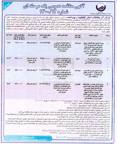 مناقصه پروژه اجرای شبکه فاضلاب مسکن مهر  ...
