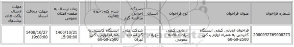 فراخوان ارزیابی کیفی ایستگاه کابینتی به همراه لوازم یدکی 2500-60-60