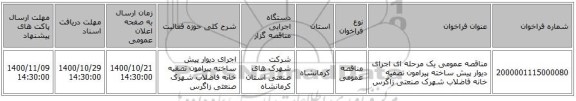 مناقصه عمومی یک مرحله ای اجرای دیوار پیش ساخته پیرامون تصفیه خانه فاضلاب شهرک صنعتی زاگرس