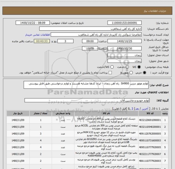 استعلام لوازم موتور درزین SH900  راه آهن زنجان - ایران کدها مشابه هستند و لوازم درخواستی طبق فایل پیوستی