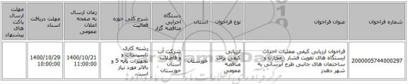 فراخوان ارزیابی کیفی عملیات احداث ایستگاه های تقویت فشار ، مخازن و ساختمان های جانبی طرح آبرسانی به شهر دهدز