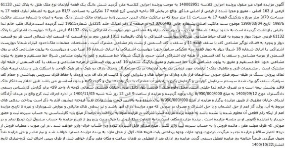 آگهی مزایده  شش دانگ یک قطعه آپارتمان نوع ملک طلق به پلاک ثبتی 61133 فرعی از 163 اصلی