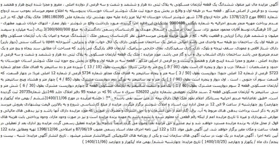 مزایده ششدانگ یک قطعه آپارتمان مسکونی
