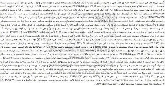 مزایده یک قطعه خانه به کاربری مسکونی