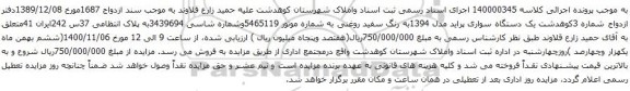 مزایده یک دستگاه سواری پراید مدل 1394به رنگ سفید روغنی