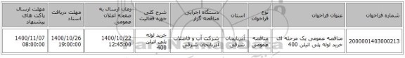 مناقصه عمومی یک مرحله ای خرید لوله پلی اتیلن 400