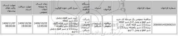 مناقصه عمومی یک مرحله ای خرید شیر قطع و وصل 1/2،شیر کلافه برنزی1/2،شیر فلکه گازی برنزی1/2،شیر یکطرفه برنزی1/2 و شیر قطع و وصل 1 اینچ