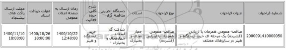 مناقصه عمومی همزمان با ارزیابی (فشرده) یک مرحله ای خرید ایستگاه و هیتر در سایزهای مختلف