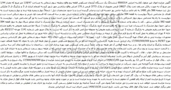 مزایده ششدانگ یک دستگاه آپارتمان مسکونی 