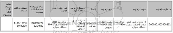 فراخوان ارزیابی کیفی اجرای خط انتقال فاضلاب شهرک 400 دستگاه سراب