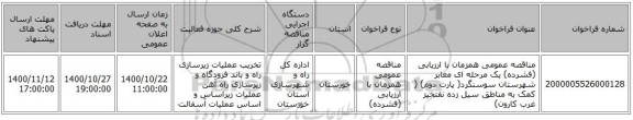 مناقصه عمومی همزمان با ارزیابی (فشرده) یک مرحله ای معابر شهرستان سوسنگرد( پارت دوم) ( کمک به مناطق سیل زده نفتخیز غرب کارون)