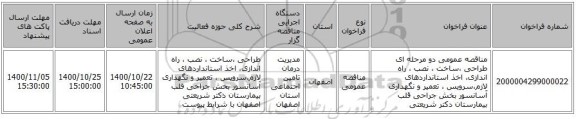 مناقصه عمومی دو مرحله ای طراحی ،ساخت ، نصب ، راه اندازی، اخذ استانداردهای لازم،سرویس ، تعمیر و نگهداری آسانسور بخش جراحی قلب بیمارستان دکتر شریعتی 