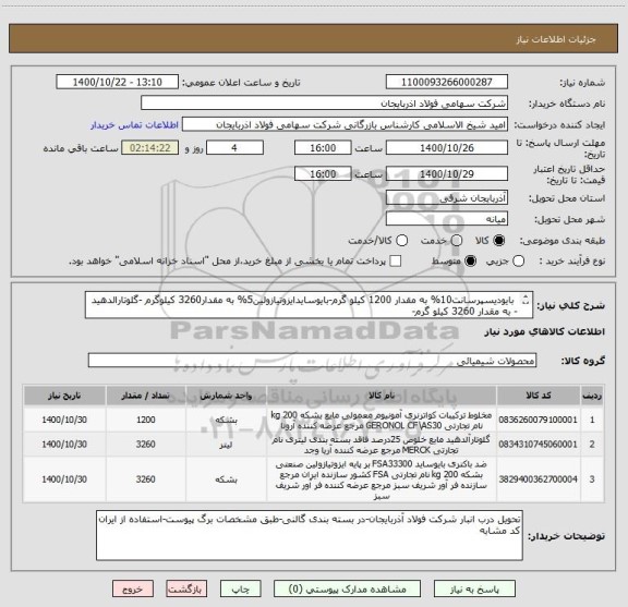 استعلام  بایودیسپرسانت10% به مقدار 1200 کیلو گرم-بایوسایدایزوتیازولین5% به مقدار3260 کیلوگرم -گلوتارالدهید - به مقدار 3260 کیلو گرم-

