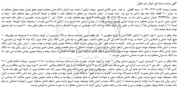 مزایده فروش یک قطعه زمین بمساحت نزدیک به 189 مترمربع