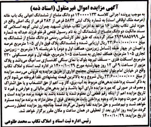مزایده،مزایده دو دانگ مشاع از ششدانگ اعیانی یکباب خانه