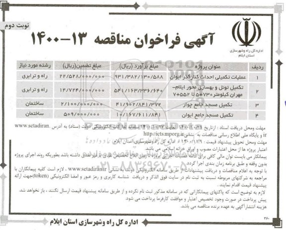 فراخوان مناقصه عملیات تکمیلی احداث کنارگذر ...
