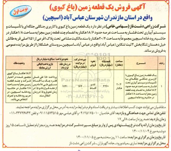 مزایده،مزایده فروش یک قطعه زمین 20.4 هکتار نوبت اول