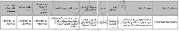مناقصه عمومی دو مرحله ای خرید چهار دستگاه ونتیلاتور جهت بیمارستان دکتر غرضی 