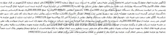 آگهی مزایده یک دستگاه خودرو سواری پژو اردی 1600