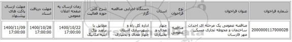 مناقصه عمومی یک مرحله ای احداث ساختمان و محوطه تجاری مسکن مهر فارسان