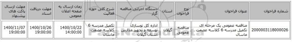 مناقصه عمومی یک مرحله ای تکمیل مدرسه 6 کلاسه عصمت ماسال