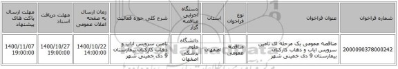 مناقصه عمومی یک مرحله ای تامین سرویس ایاب و ذهاب کارکنان بیمارستان 9 دی خمینی شهر