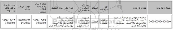 مناقصه عمومی دو مرحله ای خرید یک دستگاه اتوآنالایزرحداقل 350حداکثر 400تستی بیوشیمی آزمایشگاه طبی