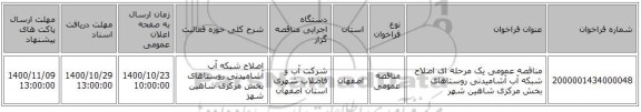 مناقصه عمومی یک مرحله ای اصلاح شبکه آب آشامیدنی روستاهای بخش مرکزی شاهین شهر