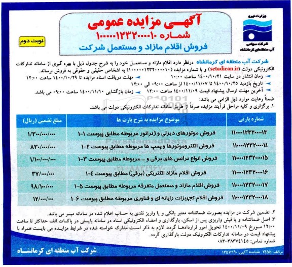 مزایده فروش اقلام مازاد و مستعمل