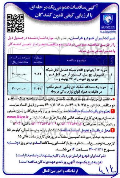 مناقصه خرید 16 آیتم انواع اقلام شبکه ...