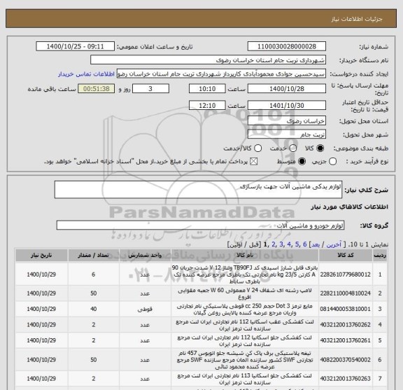 استعلام لوازم یدکی ماشین آلات جهت بازسازی