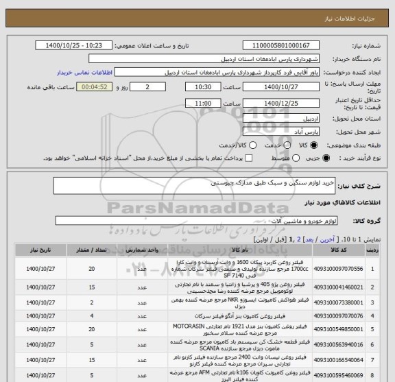استعلام خرید لوازم سنگین و سبک طبق مدارک چیوستی