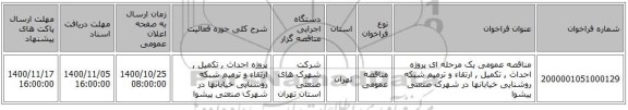 مناقصه عمومی یک مرحله ای پروژه احداث , تکمیل , ارتقاء  و ترمیم شبکه روشنایی خیابانها در شهرک صنعتی پیشوا  