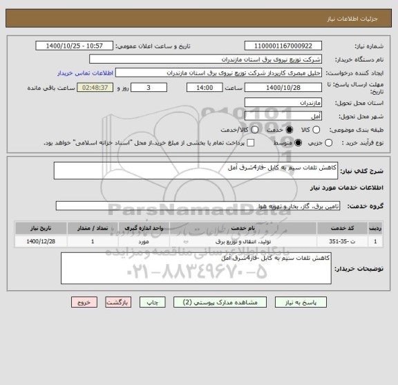 استعلام کاهش تلفات سیم به کابل -فاز4شرق آمل 
