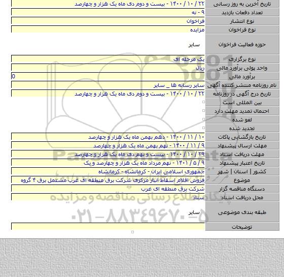 فروش اقلام اسقاط انبار مرکزی شرکت برق منطقه ای غرب مشتمل برق ۴ گروه