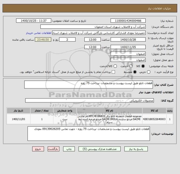 استعلام قطعات تابلو طبق لیست پیوست و مشخصات -پرداخت 75 روزه 