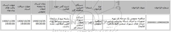 مناقصه عمومی یک مرحله ای تهیه تجهیزات و اجرای شبکه روشنایی برخی از خیابان های شهرک صنعتی قنوات(ثامن الائمه)