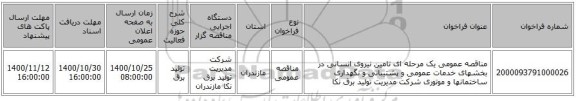 مناقصه عمومی یک مرحله ای تامین نیروی انسانی در بخشهای خدمات عمومی و پشتیبانی و نگهداری ساختمانها و موتوری شرکت مدیریت تولید برق نکا