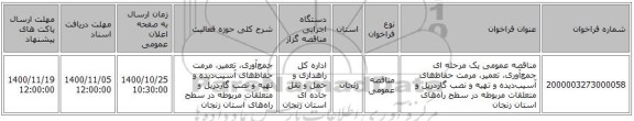 مناقصه عمومی یک مرحله ای جمع‌آوری، تعمیر، مرمت حفاظ‌های آسیب‌دیده و تهیه و نصب گاردریل و متعلقات مربوطه در سطح راه‌های استان زنجان 