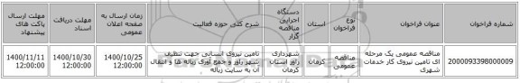 مناقصه عمومی یک مرحله ای تامین نیروی کار خدمات شهری 