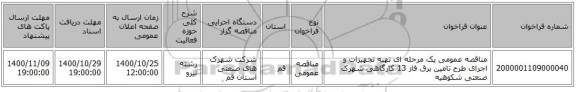 مناقصه عمومی یک مرحله ای تهیه تجهیزات و اجرای طرح تامین برق فاز 13 کارگاهی شهرک صنعتی شکوهیه