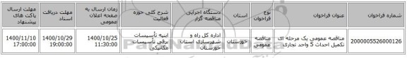 مناقصه عمومی یک مرحله ای تکمیل احداث 5 واحد تجاری 