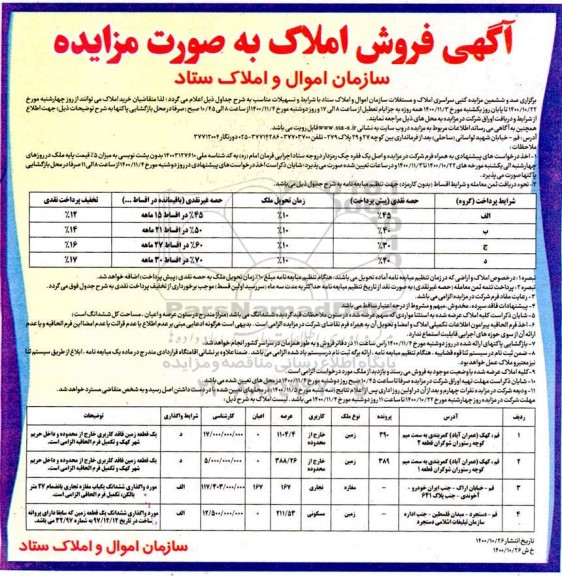 مزایده مزایده صد و ششمین فروش املاک و مستغلات کاربری تجاری و مسکونی شهر قم 