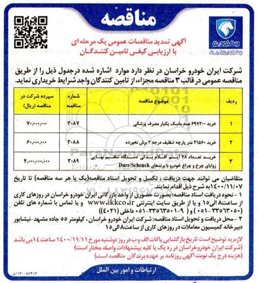 تمدید مناقصه خرید 697200 عدد ماسک یک بار مصرف پزشکی ...
