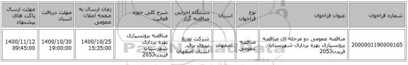 مناقصه عمومی دو مرحله ای مناقصه برونسپاری بهره برداری شهرستان فریدن2053